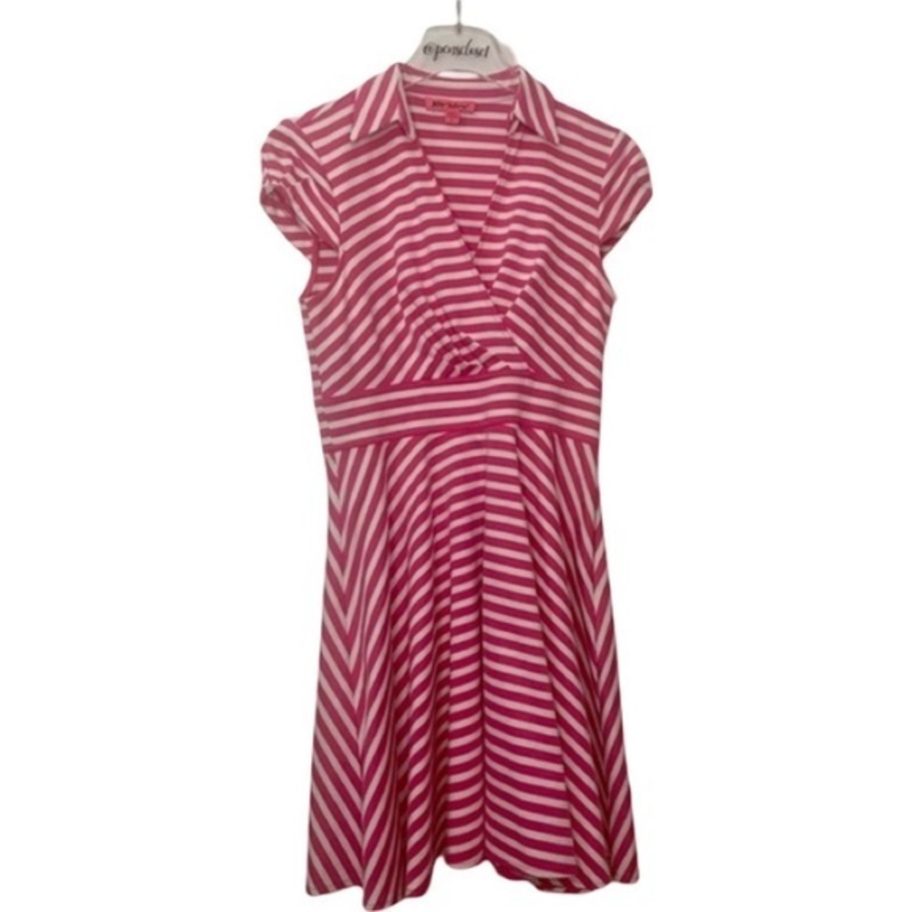 Betsey Johnson Bright Pink White Striped Short Sleeve Knit Fit & Flare Dress